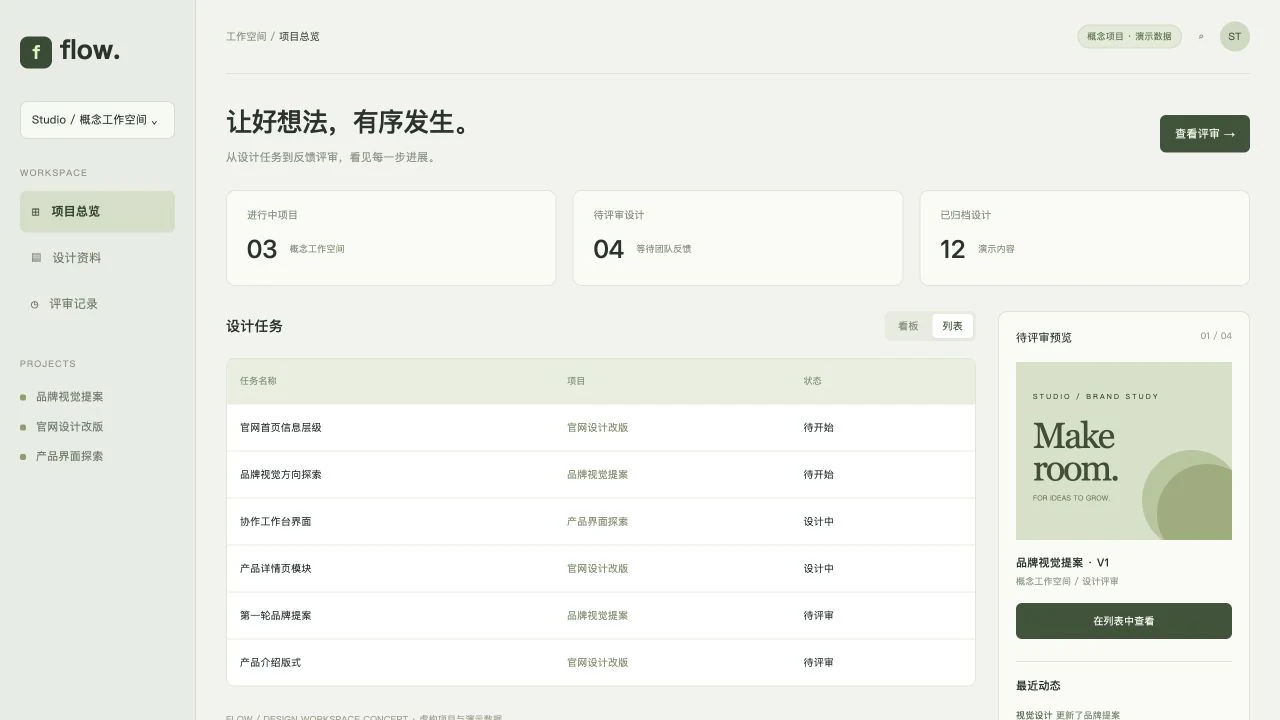 FLOW 工作台概念的列表视图：任务名称、项目和状态按列对齐