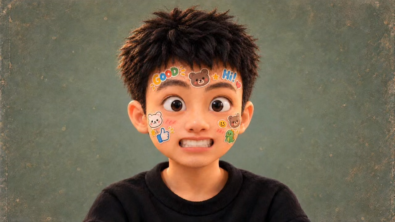 黑色上衣、脸贴趣味贴纸的3D黏土卡通男孩
