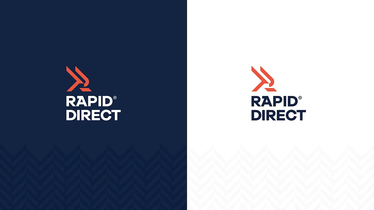 RAPID DIRECT 品牌标志在深蓝与白色背景上的应用